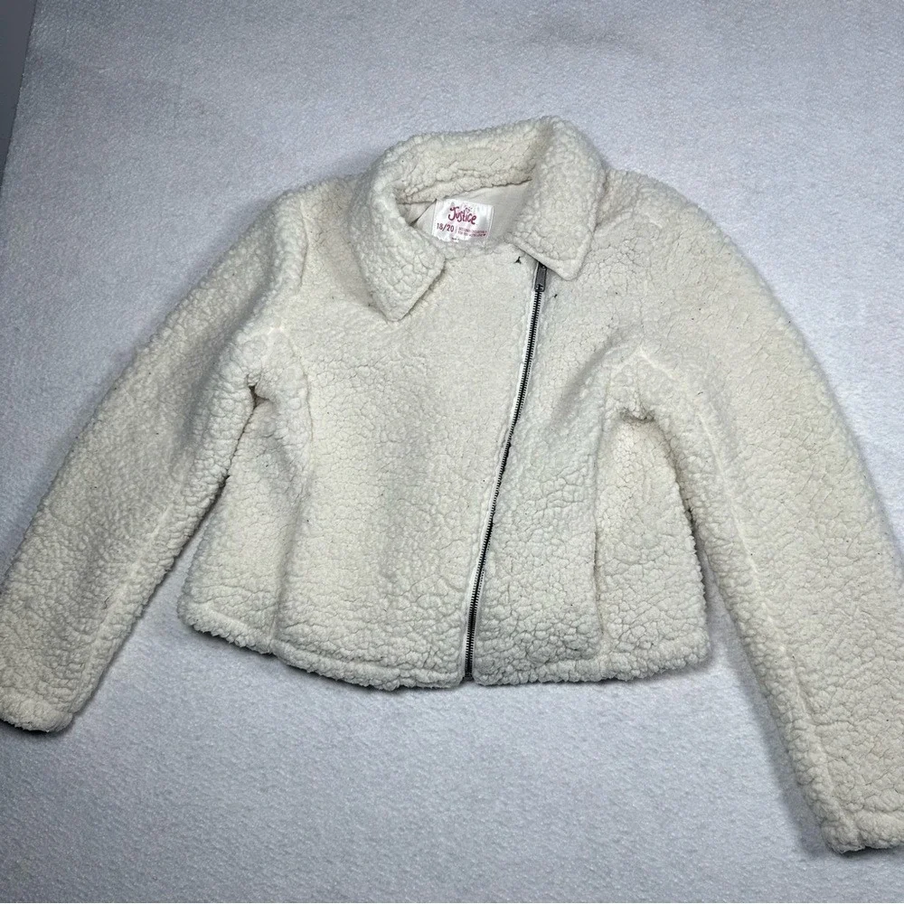 Justice Girls Sherpa Moto Jacket Size 18/20 Cream Teddy Bear Fleece‎ Zip Cozy